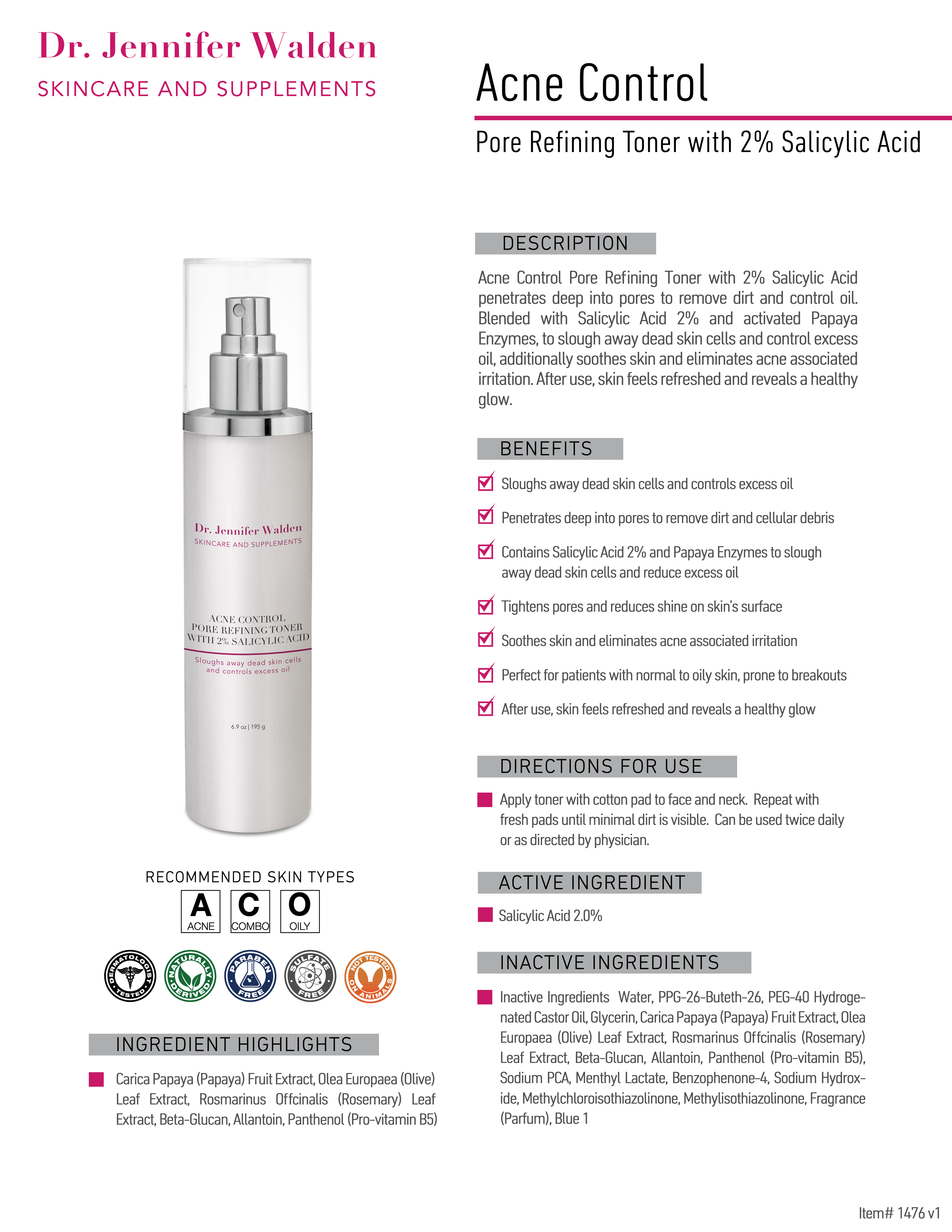 ACNE CONTROL PORE REFINING TONER WITH 2% SALICYLIC ACID