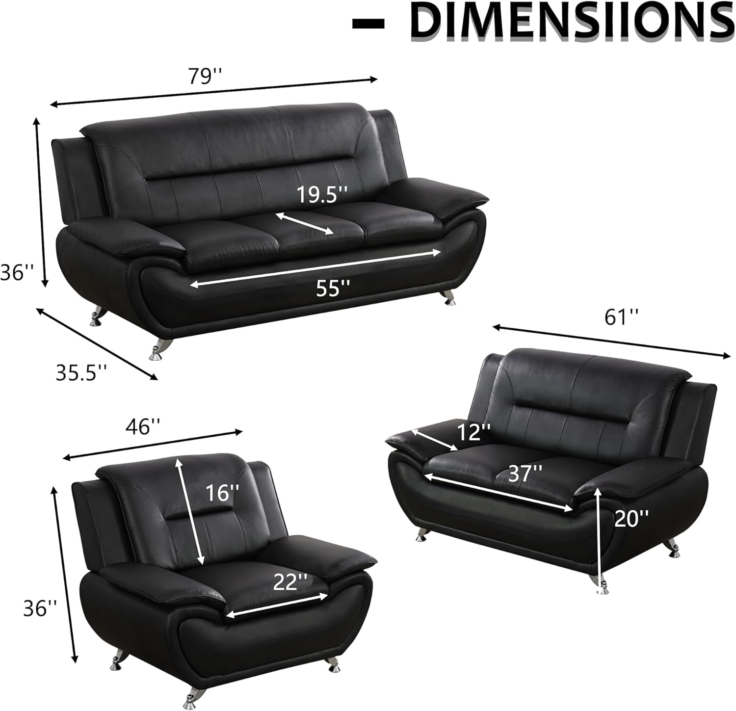3 Piece Black Sofa Set Modern Living Room Couch Set Sofa Loveseat Chair For Home Decor